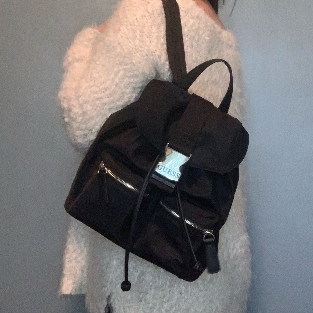 GUESS Black Nylon Drawstring Silver Buckle Closure Backpack